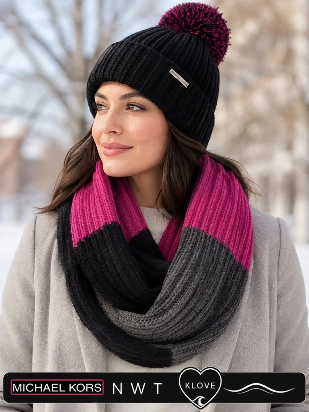 NWT Michael Kors Colorblock Infinity Scarf Pom Beanie Set